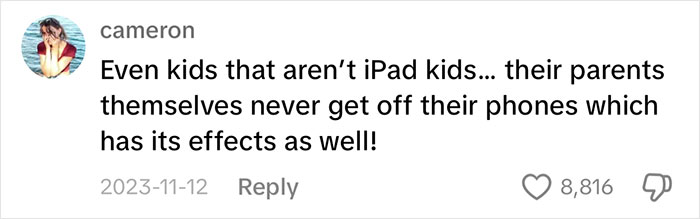 Comment discussing "iPad kids" and parental phone use, highlighting potential effects on children. Comment discussing "iPad kids" and parental phone use, highlighting potential effects on children.
