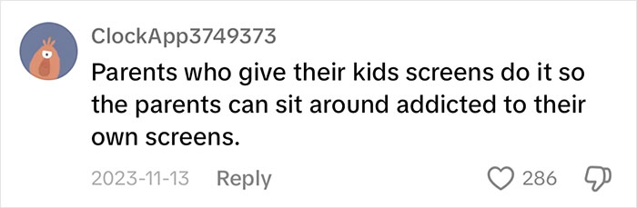 Comment about screen use in children, emphasizing dangers of iPad in parenting, with 286 likes. Comment about screen use in children, emphasizing dangers of iPad in parenting, with 286 likes.