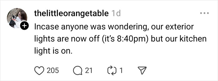 Social media post addressing neighbor's complaints about exterior light. Social media post addressing neighbor's complaints about exterior light.