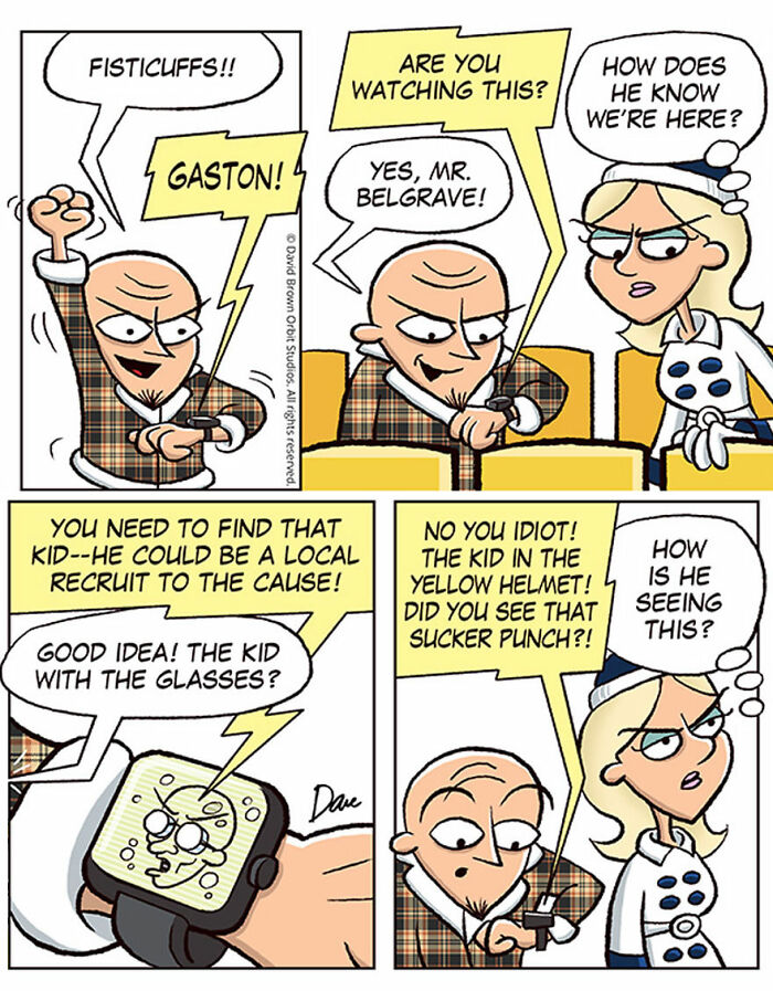 Comic scene featuring characters discussing a kid with Planey Joey on a smartwatch. Comic scene featuring characters discussing a kid with Planey Joey on a smartwatch.