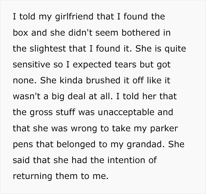 Text describes a man's reaction after finding a creepy box in his girlfriend's wardrobe, discussing her unexpected response. Text describes a man's reaction after finding a creepy box in his girlfriend's wardrobe, discussing her unexpected response.