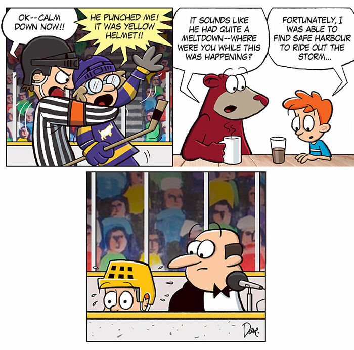 Planey Joey comic strip featuring a hockey brawl, a bear discussing events over coffee, and a hidden player in the penalty box. Planey Joey comic strip featuring a hockey brawl, a bear discussing events over coffee, and a hidden player in the penalty box.