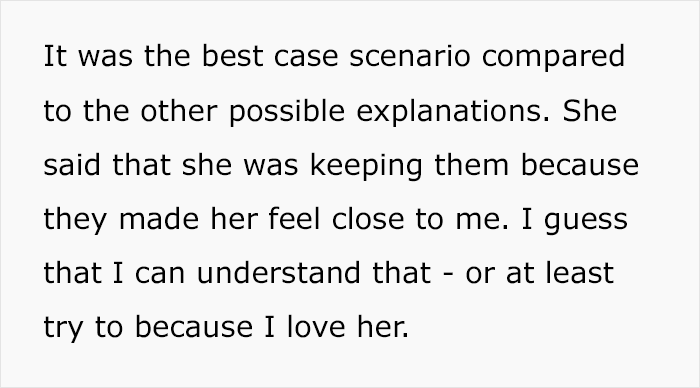 Text about finding a creepy box in GF's wardrobe, discussing keeping items for emotional closeness and love. Text about finding a creepy box in GF's wardrobe, discussing keeping items for emotional closeness and love.