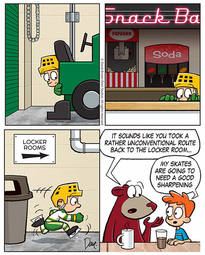 Cartoon of Planey Joey sneaking past a Zamboni, hiding in a snack bar, and being told by a bear about an unconventional locker room route. Cartoon of Planey Joey sneaking past a Zamboni, hiding in a snack bar, and being told by a bear about an unconventional locker room route.