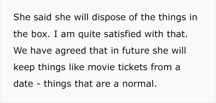 Text about relationship and a box in a wardrobe discusses disposal and keeping movie tickets as memorabilia. Text about relationship and a box in a wardrobe discusses disposal and keeping movie tickets as memorabilia.