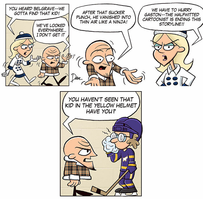 Comic characters searching for Planey Joey, discussing a missing kid in a yellow helmet. Comic characters searching for Planey Joey, discussing a missing kid in a yellow helmet.