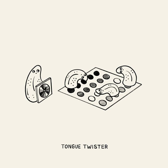 Cartoon tongues playing a board game, created by John Larigakis; labeled "Tongue Twister".