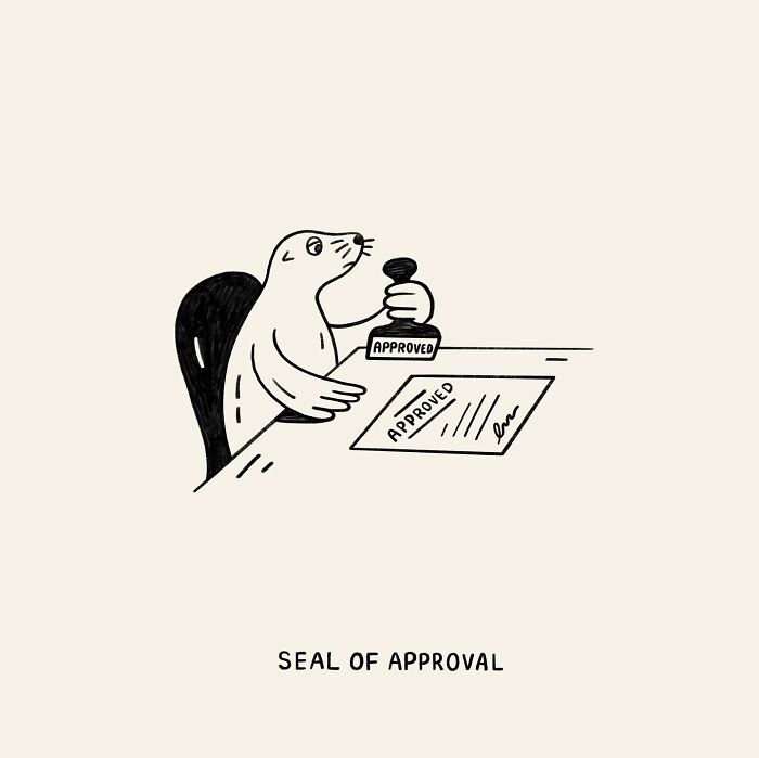 Illustration by John Larigakis of a seal stamping "Approved" on a document titled "Seal of Approval."