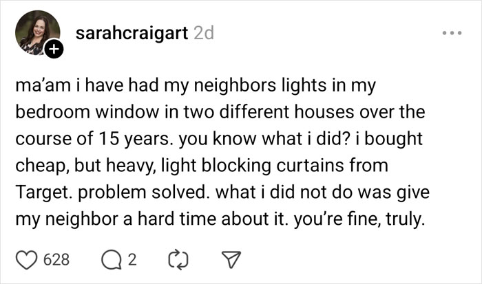 Social media post discussing neighbor's lights, suggesting heavy curtains as a solution. Complaints about light addressed creatively. Social media post discussing neighbor's lights, suggesting heavy curtains as a solution. Complaints about light addressed creatively.