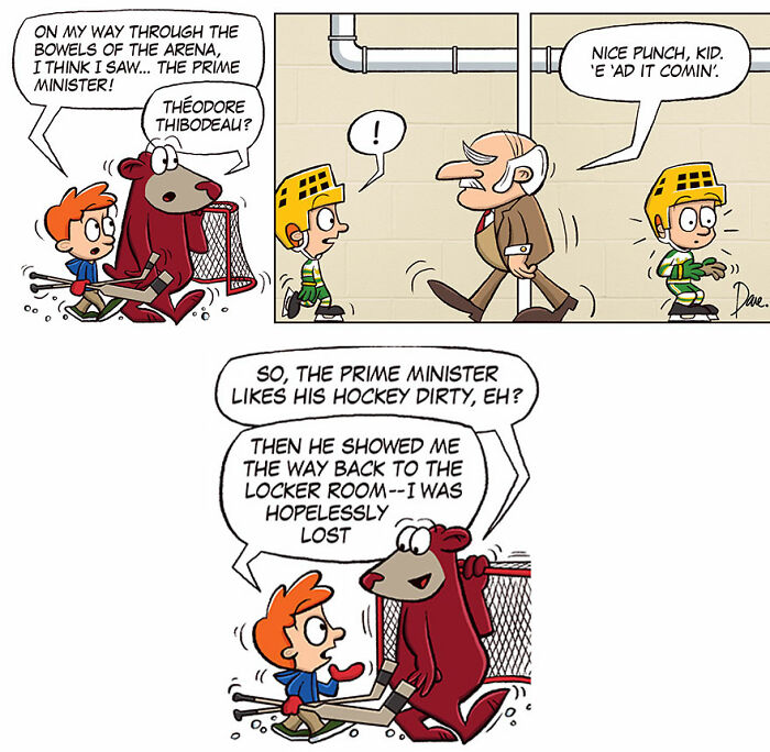 Cartoon characters, including Planey Joey, discussing a hockey encounter with the prime minister. Cartoon characters, including Planey Joey, discussing a hockey encounter with the prime minister.