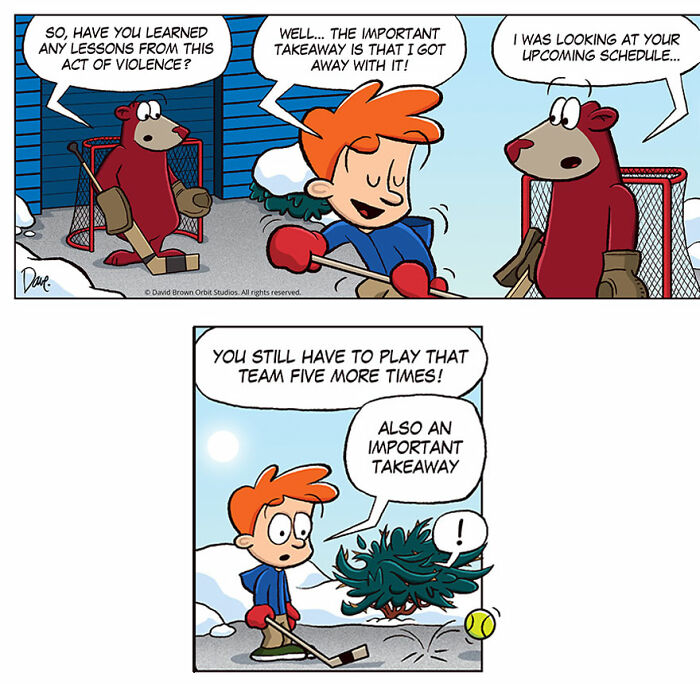 Planey Joey cartoon, a boy with a hockey stick talking to a bear in goalie gear, discussing upcoming games. Planey Joey cartoon, a boy with a hockey stick talking to a bear in goalie gear, discussing upcoming games.