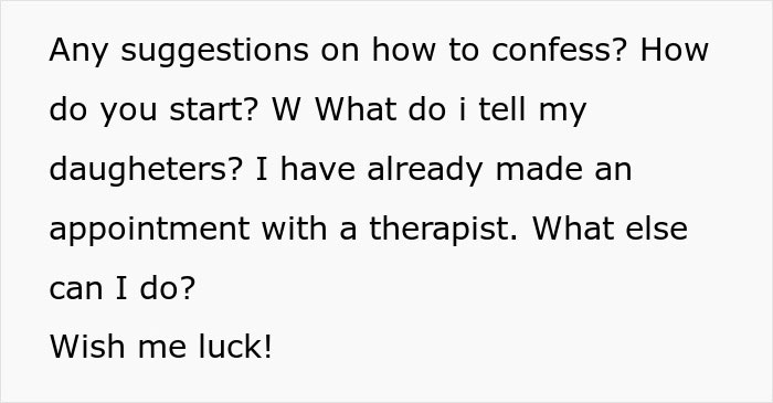 Text about marriage issues, discussing confessing infidelity and seeking advice, with a plan to see a therapist for support. Text about marriage issues, discussing confessing infidelity and seeking advice, with a plan to see a therapist for support.
