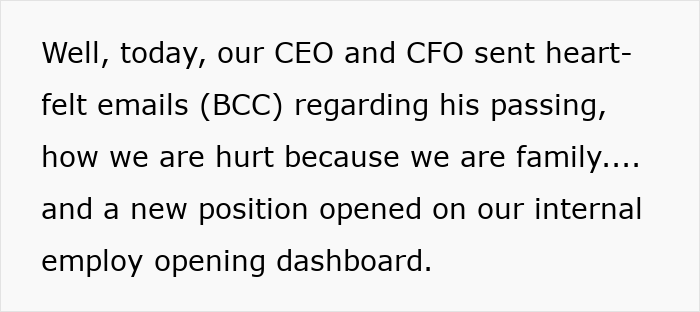Emails from CEO and CFO on coworker passing; expression of grief and new job position announced. Emails from CEO and CFO on coworker passing; expression of grief and new job position announced.
