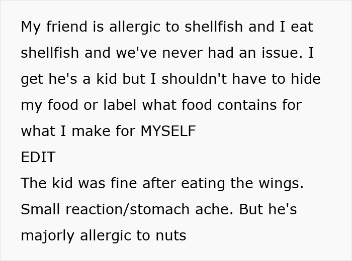 Text on allergic reaction from roommate's food misunderstood by 7YO's dad. Text on allergic reaction from roommate's food misunderstood by 7YO's dad.
