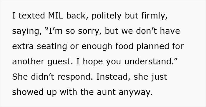 Text exchange about MIL bringing an uninvited guest despite lacking space or food, leading to family dinner tension. Text exchange about MIL bringing an uninvited guest despite lacking space or food, leading to family dinner tension.