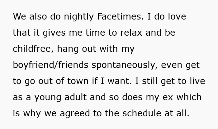 Text screenshot about a woman's thoughts on enjoying personal time and flexibility through scheduled Facetimes. Text screenshot about a woman's thoughts on enjoying personal time and flexibility through scheduled Facetimes.