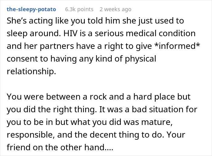 Reddit comment discussing the responsibility and ethics of revealing someone's HIV status. Reddit comment discussing the responsibility and ethics of revealing someone's HIV status.