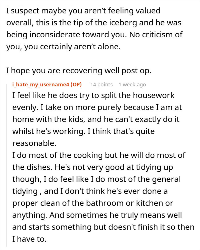 Reddit discussion about feeling undervalued after surgery, with comments on housework and post-op recovery. Reddit discussion about feeling undervalued after surgery, with comments on housework and post-op recovery.