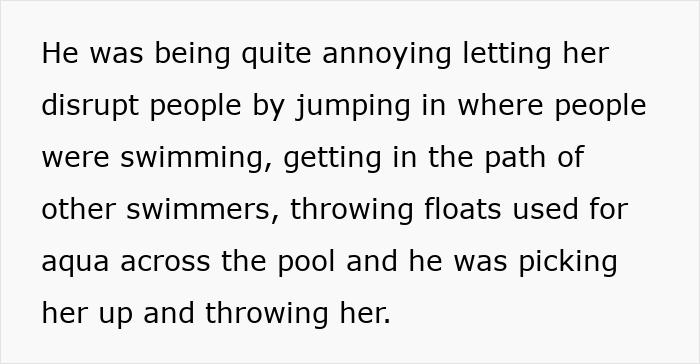 Text excerpt discussing disruptive behavior at a swimming pool with a child throwing objects in the water. Text excerpt discussing disruptive behavior at a swimming pool with a child throwing objects in the water.
