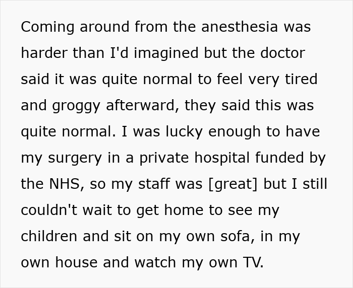 Text about feeling groggy after surgery, recovering at home with family, and enjoying comfort. Text about feeling groggy after surgery, recovering at home with family, and enjoying comfort.