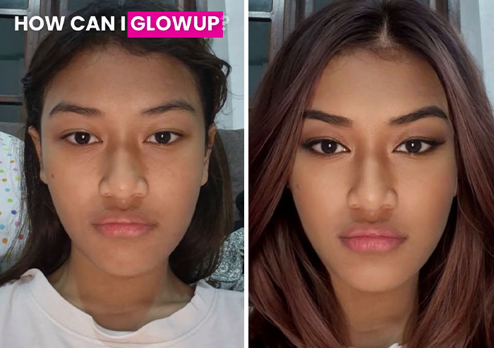 Digital makeover transformation by content creator, showing a woman's before and after glow-up.