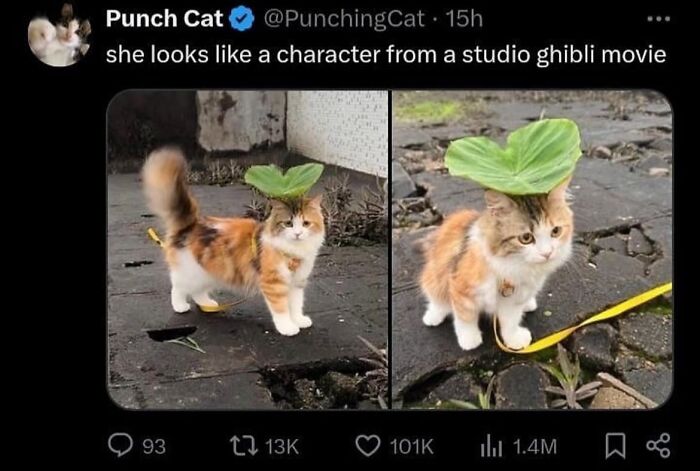 Cute cat with a leaf on its head, resembling a studio Ghibli character, spreading positivity on social media.