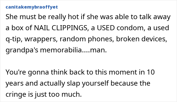 Text post about finding a creepy box in girlfriend's wardrobe with bizarre contents. Text post about finding a creepy box in girlfriend's wardrobe with bizarre contents.