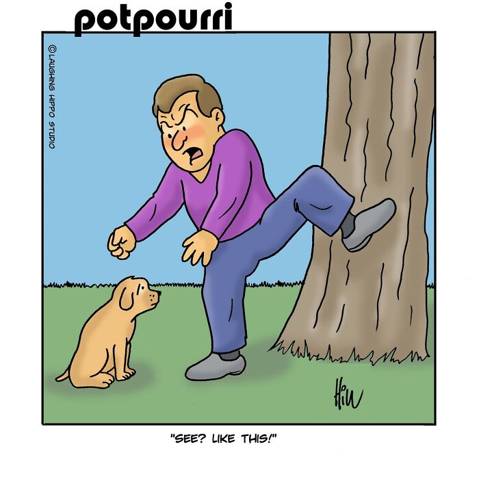 A man demonstrates to a dog how to lift a leg near a tree, illustrating humorous and silly situations.