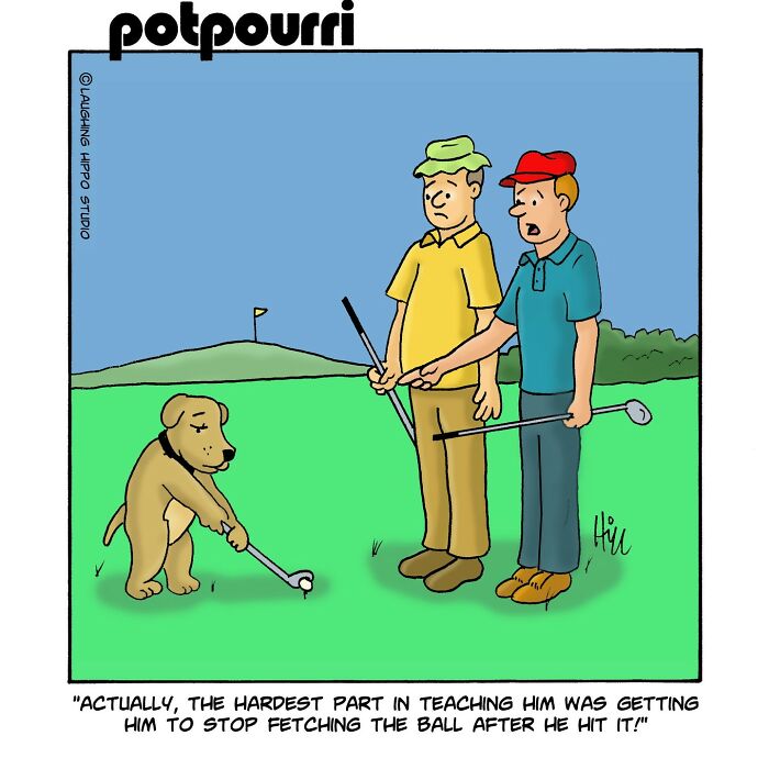 Comics about dogs: a dog holding a golf club while two men look on humorously.