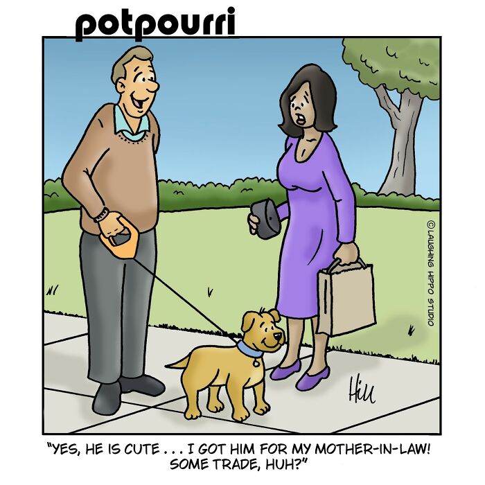 Comic of a man and woman discussing a dog in a humorous situation by Laughing Hippo Studio.