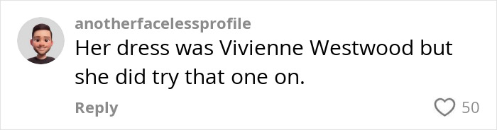 Comment discussing Carrie Bradshaw's wedding dress designer, Vivienne Westwood, with 50 likes. Comment discussing Carrie Bradshaw's wedding dress designer, Vivienne Westwood, with 50 likes.