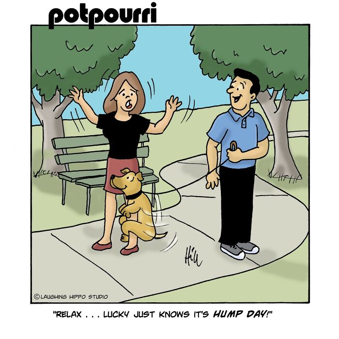 Cartoon by Laughing Hippo Studio showing a dog amusingly interacting with a woman in a park.