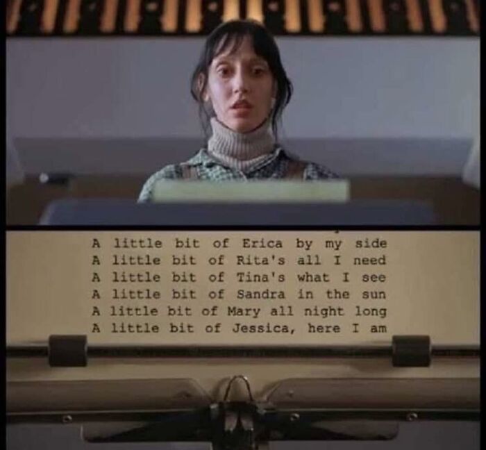 A woman looking at a typewriter showing funny text as an uplifting meme for positivity.