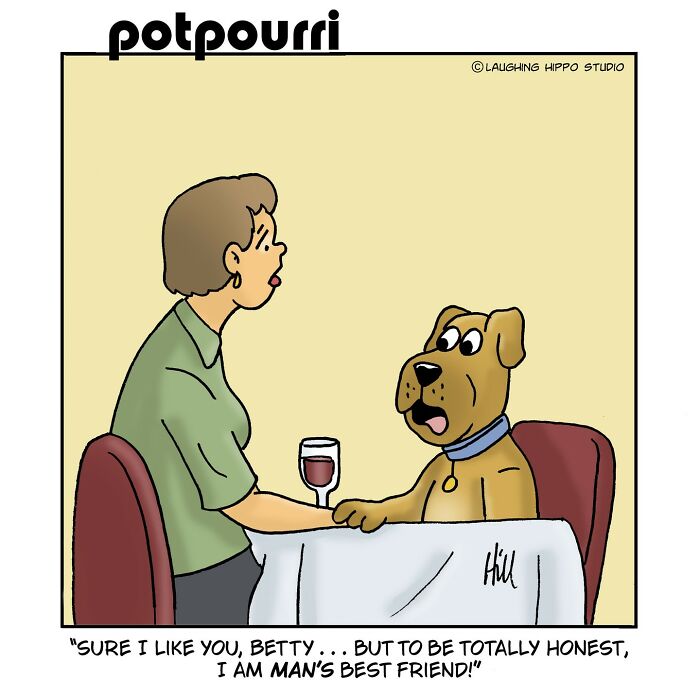 A humorous comic featuring a dog talking to a woman at a table with drinks, by Laughing Hippo Studio.