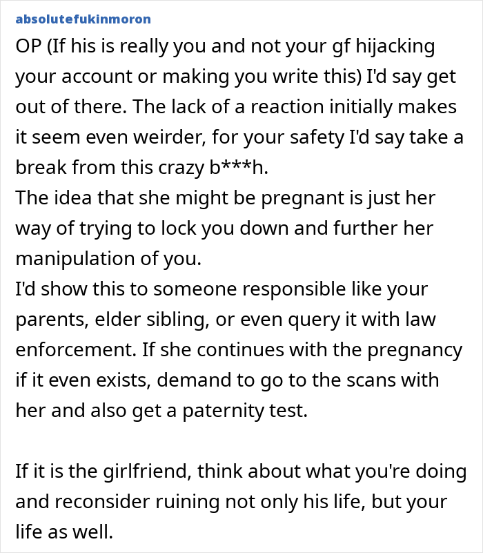 Text highlighting concerns about a creepy box in girlfriend's wardrobe and advice for safety. Text highlighting concerns about a creepy box in girlfriend's wardrobe and advice for safety.