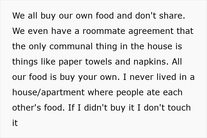 Roommate expresses frustration over food boundaries due to an allergic child's consumption. Roommate expresses frustration over food boundaries due to an allergic child's consumption.