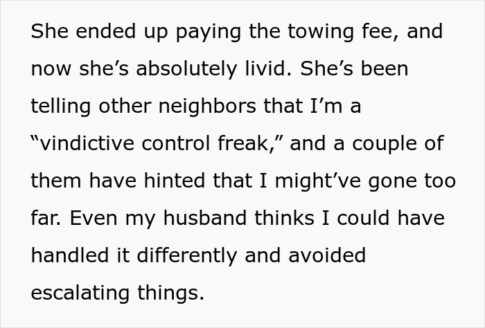 Text about a dispute over neighbor parking car unauthorized, mentioning towing fees and escalating tensions. Text about a dispute over neighbor parking car unauthorized, mentioning towing fees and escalating tensions.