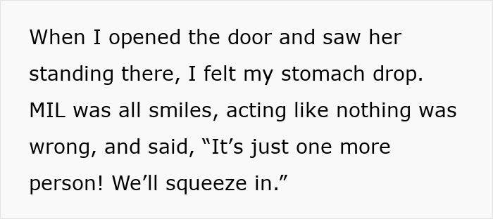 Text image showing a conversation where MIL justifies an uninvited guest: "It's just one more person! We'll squeeze in. Text image showing a conversation where MIL justifies an uninvited guest: "It's just one more person! We'll squeeze in.