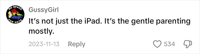Comment on dangers of "iPad kids" highlighting gentle parenting, by user named GussyGirl with a rainbow logo. Comment on dangers of "iPad kids" highlighting gentle parenting, by user named GussyGirl with a rainbow logo.