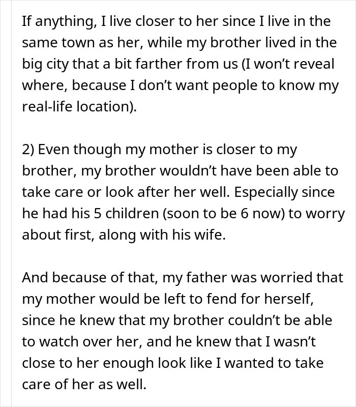 Text about a woman concerned her mother will leave inheritance to her brother, questioning her next steps. Text about a woman concerned her mother will leave inheritance to her brother, questioning her next steps.