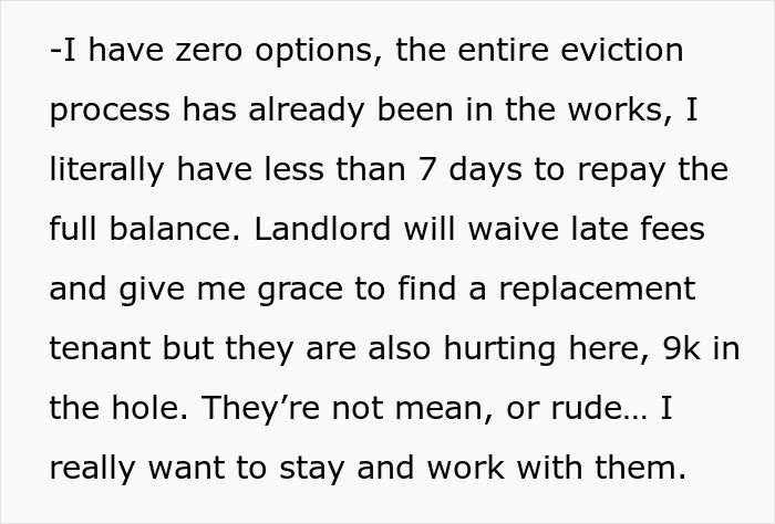 Text discussing eviction process and financial struggles with a landlord. Text discussing eviction process and financial struggles with a landlord.