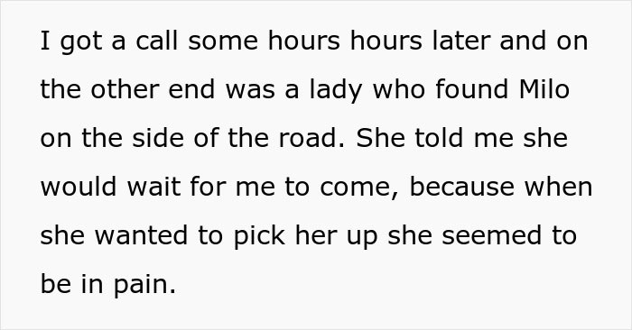 Text about a woman's nightmare trip after her dog, Milo, gets lost, with details of him being found in pain by a lady. Text about a woman's nightmare trip after her dog, Milo, gets lost, with details of him being found in pain by a lady.