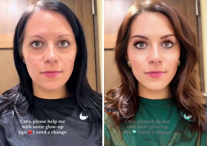 Digital makeover transformation of a woman, showing before and after makeup application.