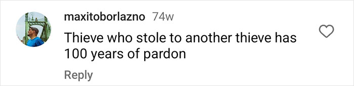 Instagram comment about theft, mentioning "100 years of pardon," related to Lithuanian man's fake invoice incident. Instagram comment about theft, mentioning "100 years of pardon," related to Lithuanian man's fake invoice incident.