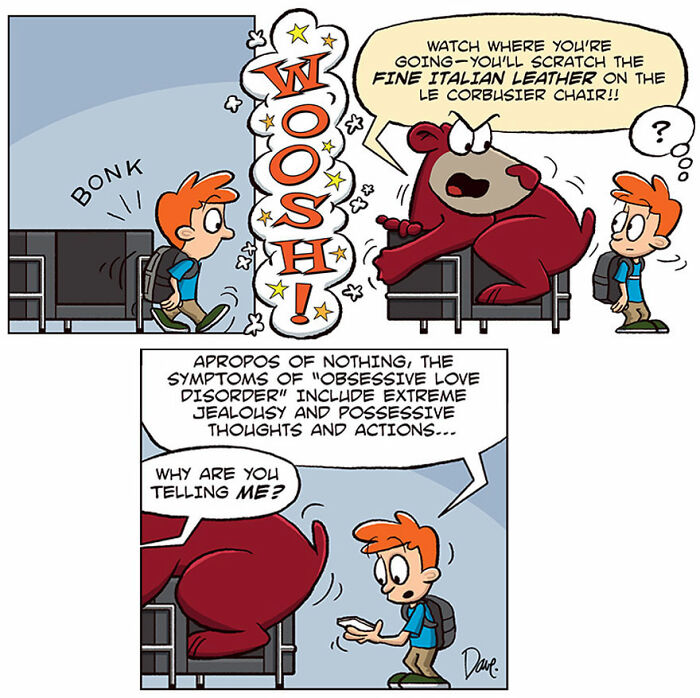 Cartoon of Planey Joey bumping into a chair with a red bear warning about scratching its leather. Cartoon of Planey Joey bumping into a chair with a red bear warning about scratching its leather.