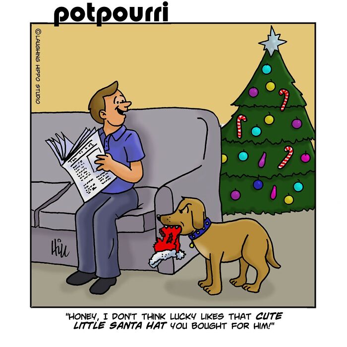 Cartoon dog with a Santa hat in mouth, owner on couch reading, Christmas tree in background.