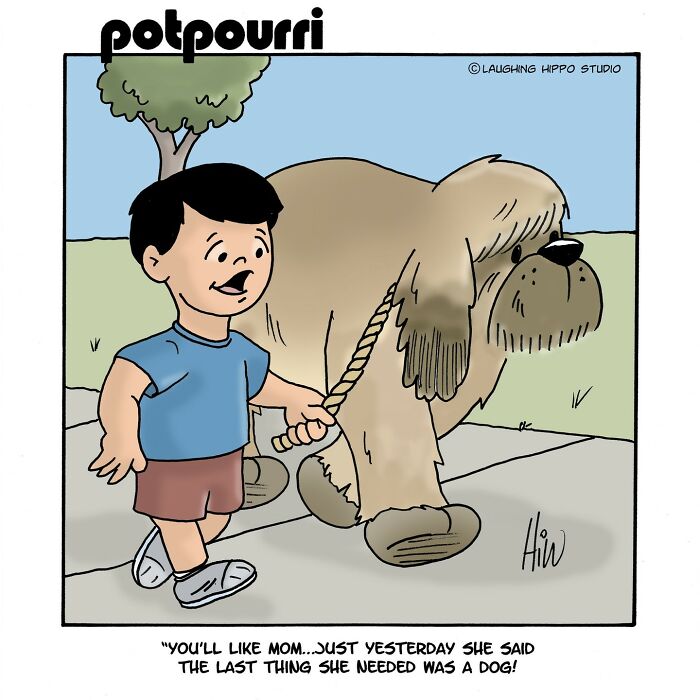 A boy humorously walks a large, fluffy dog on a leash in a comic by Laughing Hippo Studio.