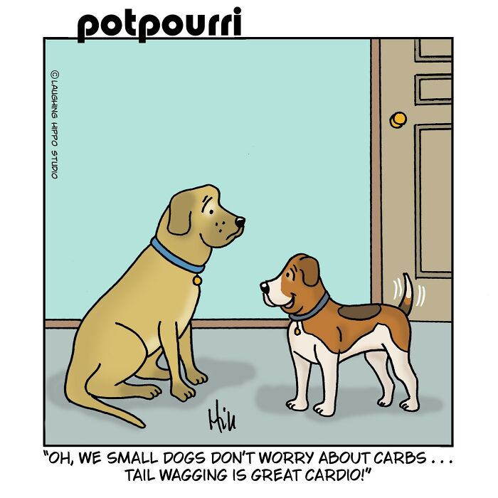 Cartoon by Laughing Hippo Studio showing two dogs discussing tail wagging as cardio, with humorous dialogue.