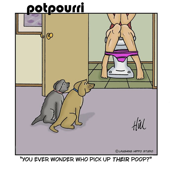 Two dogs watching a person on the toilet, humorously pondering who picks up their p**p.