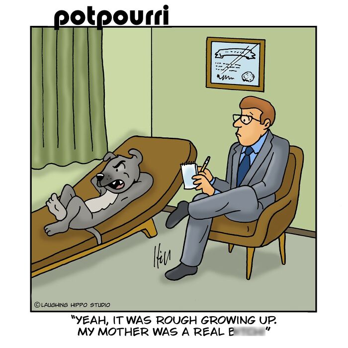 Dog on a therapist's couch with a human therapist taking notes, humorous comic by Laughing Hippo Studio.